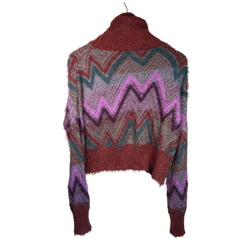 For Love & Lemons 90s‎ Zigzag Cropped Sweater Women S Burgundy Metallic Y2K Boho - Picture 8 of 9